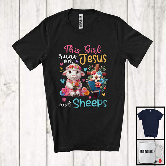 MacnyStore - This Girl Runs On Jesus And Sheeps, Adorable Flowers Matching Farmer Lover, Family Group T-Shirt