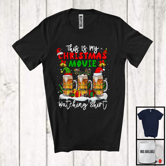 MacnyStore - This Is My Christmas Movie Watching Shirt; Joyful X-mas Three Beer Glasses; Drinking Drunker T-Shirt