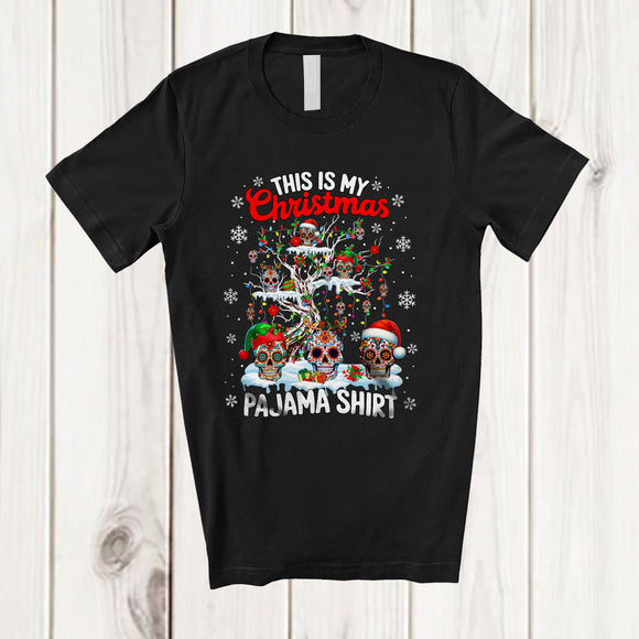 MacnyStore - This Is My Christmas Pajama Shirt; Fantastic Santa Sugar Skull On X-mas Tree Lights; Snowing T-Shirt