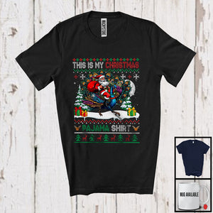 MacnyStore - This Is My Christmas Pajama Shirt; Joyful Santa Riding Peacock; X-mas Tree Sweater Animal T-Shirt