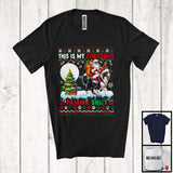 MacnyStore - This Is My Christmas Pajama Shirt; Joyful Santa Riding Reindeer Border Collie Puppy; X-mas Sweater T-Shirt