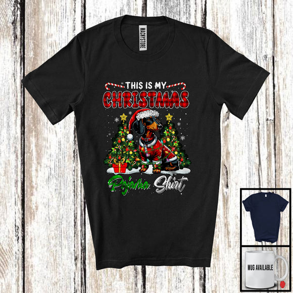 MacnyStore - This Is My Christmas Pajama Shirt; Lovely Santa Dachshund Dog Owner; X-mas Tree Plaid Family T-Shirt