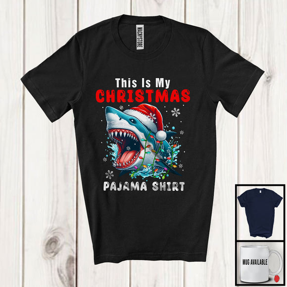 MacnyStore - This Is My Christmas Pajama Shirt; Scary Santa Shark Sea Animal Lover; X-mas Lights Snowing T-Shirt