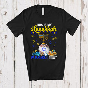 MacnyStore - This Is My Hanukkah Pajama Shirt; Lovely Menorah Baseball Ball; Sport Baseball Player Team T-Shirt