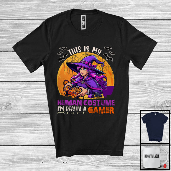 MacnyStore - This Is My Human Costume I'm Really A Gamer, Humorous Halloween Gaming Witch, Gamer Lover T-Shirt