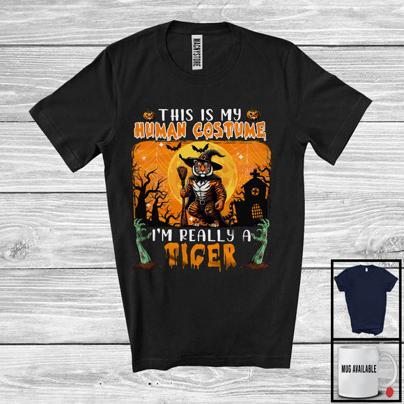 MacnyStore - This Is My Human Costume I'm Really A Tiger, Horror Halloween Witch Animal, Zombie Hands T-Shirt