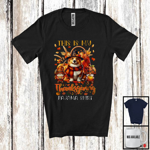 MacnyStore - This Is My Thanksgiving Pajama Shirt, Adorable Gnomes Corgi Owner, Fall Leaves Pumpkins T-Shirt