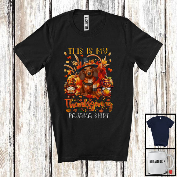 MacnyStore - This Is My Thanksgiving Pajama Shirt, Adorable Gnomes Dachshund Owner, Fall Leaves Pumpkins T-Shirt