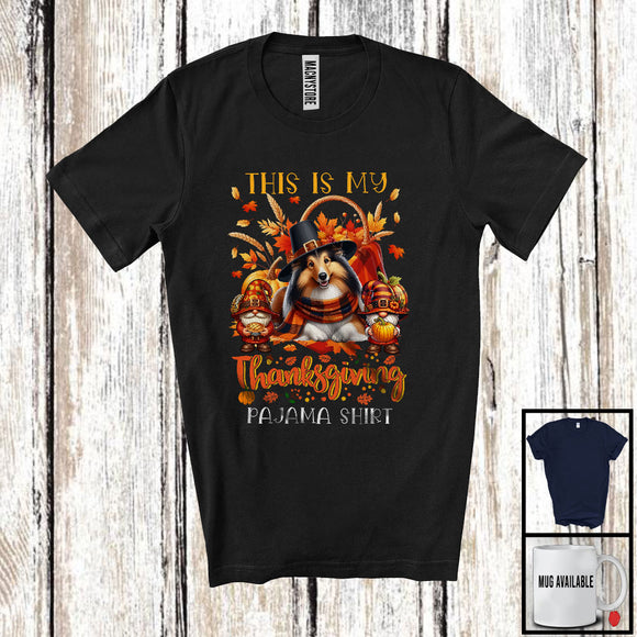 MacnyStore - This Is My Thanksgiving Pajama Shirt, Adorable Gnomes Sheltie Owner, Fall Leaves Pumpkins T-Shirt