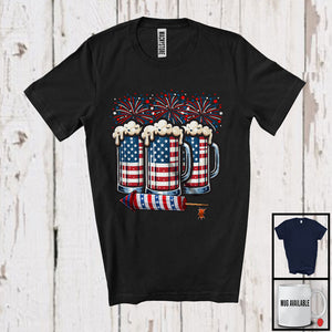 MacnyStore - Three Beer Glasses Firecrackers, Amazing 4th Of July American Flag Fireworks, Drinking Drunker T-Shirt