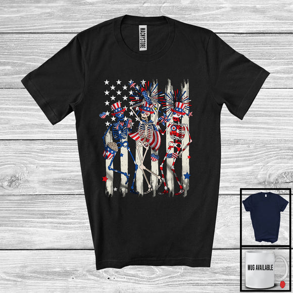 MacnyStore - Three Dancing Skeletons, Humorous 4th Of July American Flag Fireworks Lover, Patriotic Group T-Shirt