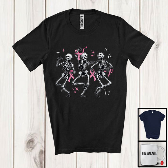 MacnyStore - Three Dancing Skeletons; Joyful Halloween Costume Pink Ribbon; Breast Cancer Awareness T-Shirt