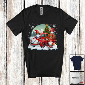 MacnyStore - Three Gnomes On Pickup Truck, Lovely Christmas Tree Gnomies On Pickup Truck, Snowing T-Shirt