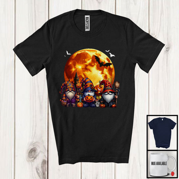 MacnyStore - Three Gnomes With Pumpkins, Lovely Halloween Moon Three Gnomies Squad, Family Group T-Shirt