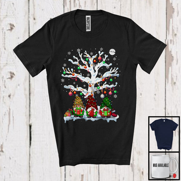 MacnyStore - Three Leopard Plaid Gnome Squad; Cheerful Christmas Lights Snowing; Gnomies Family Group T-Shirt