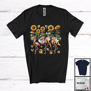 MacnyStore - Three Lovely Flamingos As Bees, Amazing Thanksgiving Sunflowers Flamingo, Garden Honey Lover T-Shirt