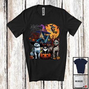 MacnyStore - Three Mummy Pumpkin Cat, Horror Halloween Costume Witch Castle, Animal Lover Group T-Shirt