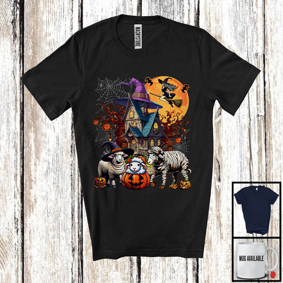 MacnyStore - Three Mummy Pumpkin Sheep, Humorous Halloween Costume Witch Castle, Farm Farmer Lover T-Shirt