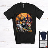 MacnyStore - Three Mummy Witch Zombie Australian Shepherd, Scary Halloween Moon Lying Skeleton T-Shirt