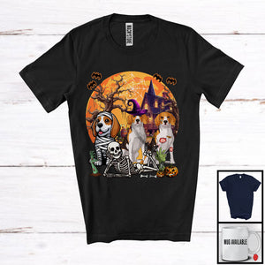 MacnyStore - Three Mummy Witch Zombie Beagle With Scary Moon, Creepy Halloween Costume Lying Skeleton T-Shirt