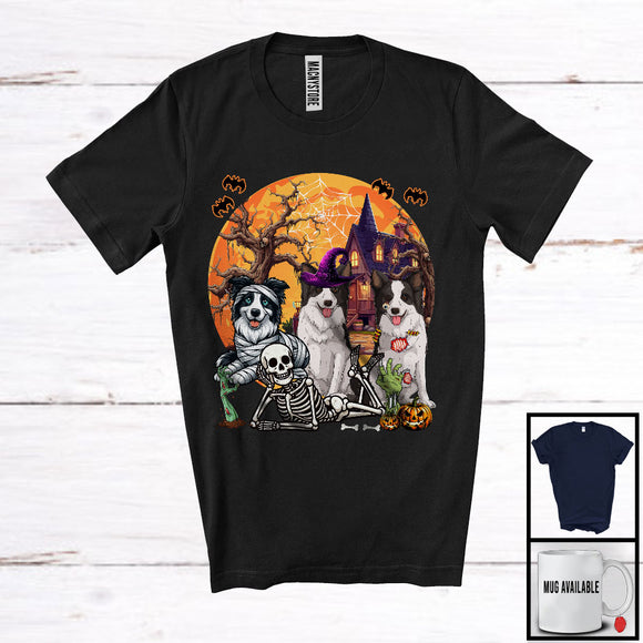 MacnyStore - Three Mummy Witch Zombie Border Collie With Scary Moon, Creepy Halloween Lying Skeleton T-Shirt