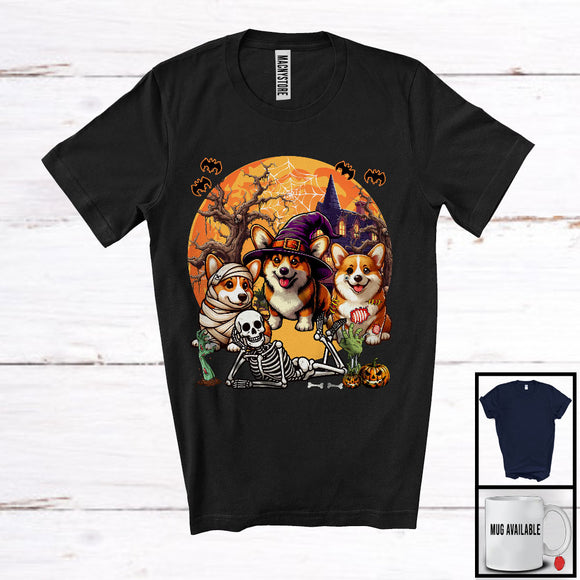 MacnyStore - Three Mummy Witch Zombie Corgi, Scary Halloween Moon Corgi Owner Lover, Lying Skeleton T-Shirt