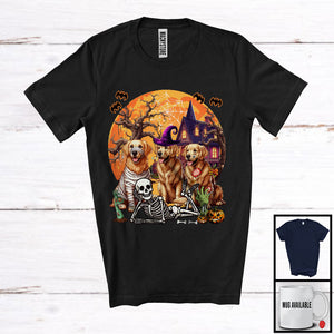 MacnyStore - Three Mummy Witch Zombie Golden Retriever With Scary Moon, Creepy Halloween Lying Skeleton T-Shirt