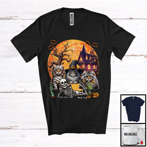 MacnyStore - Three Mummy Witch Zombie Maine Coon Cat, Scary Halloween Moon Lying Skeleton Lover T-Shirt