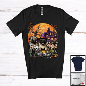 MacnyStore - Three Mummy Witch Zombie Pug, Scary Halloween Moon Pug Owner Lover, Lying Skeleton T-Shirt