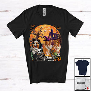 MacnyStore - Three Mummy Witch Zombie Shetland Sheepdog With Scary Moon, Creepy Halloween Lying Skeleton T-Shirt