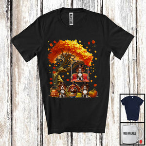 MacnyStore - Three Pilgrim Beagles With Fall Tree, Lovely Thanksgiving Turkey Autumn, Family Group T-Shirt