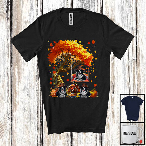 MacnyStore - Three Pilgrim Border Collies With Fall Tree, Lovely Thanksgiving Turkey Autumn, Family Group T-Shirt