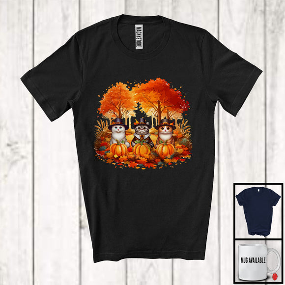 MacnyStore - Three Pilgrim Cats With Pumpkins Fall Tree; Lovely Thanksgiving Pumpkin Cat; Family Group T-Shirt