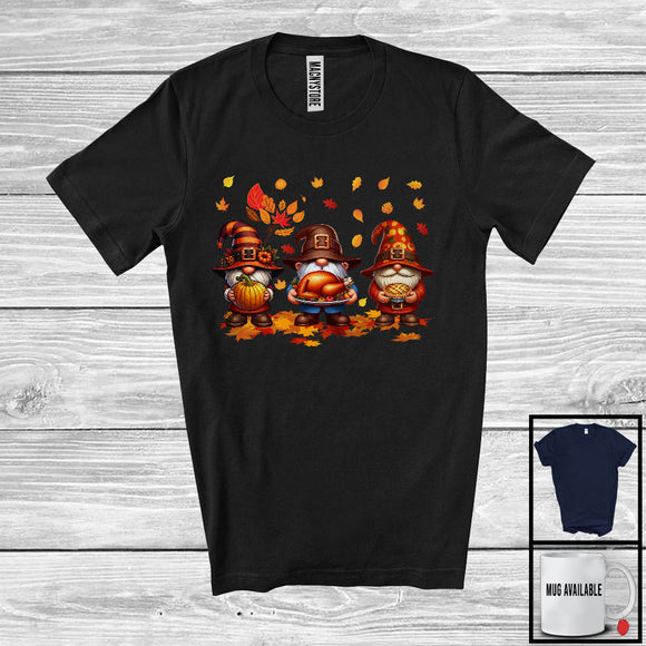 MacnyStore - Three Pilgrim Gnomes, Adorable Thanksgiving Fall Tree Gnome Gnomies Squad, Family Group T-Shirt