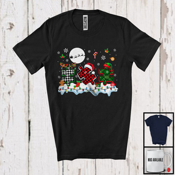 MacnyStore - Three Plaid Puzzle Pieces; Amazing Christmas Lights Autism Awareness; Snowing Family T-Shirt