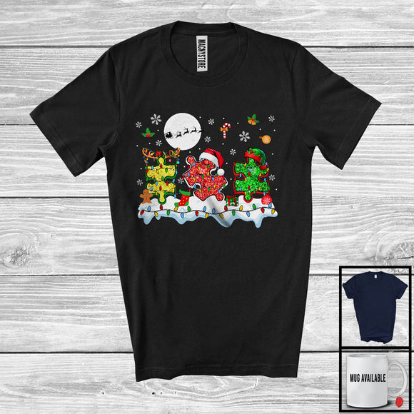 MacnyStore - Three Reindeer Santa ELF Puzzle Pieces; Lovely Christmas Lights Autism Awareness; Moon Snowing T-Shirt