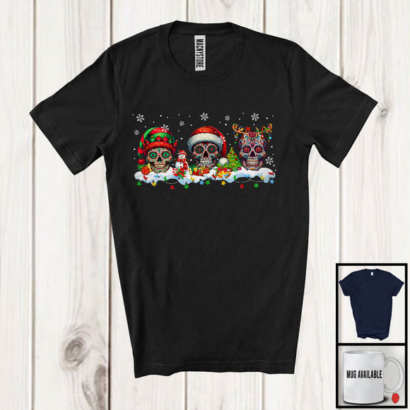 MacnyStore - Three Reindeer Santa ELF Skull, Awesome Christmas Lights Mexican Skulls, Snowing Around T-Shirt