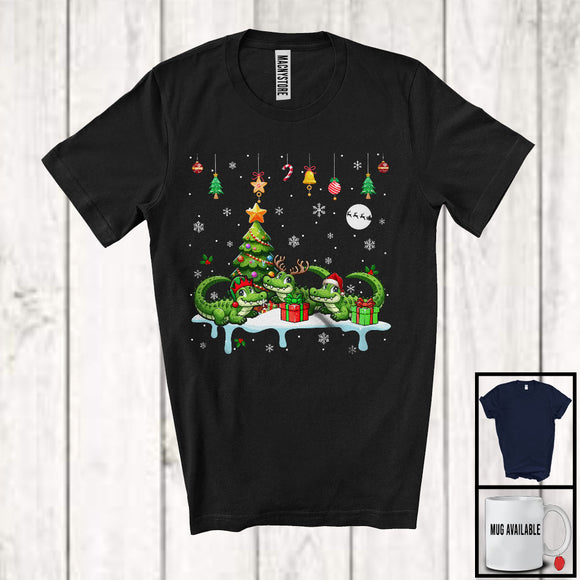 MacnyStore - Three Reindeer Santa Elf Alligator; Cheerful Christmas Lights Alligator; X-mas Animal Lover T-Shirt