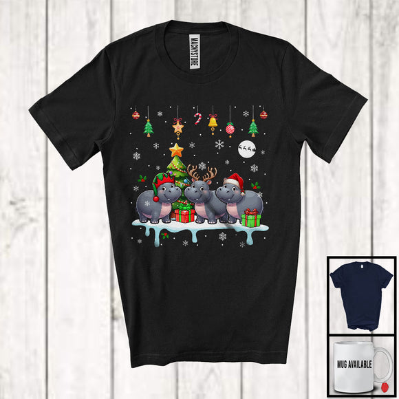 MacnyStore - Three Reindeer Santa Elf Hippo; Cheerful Christmas Lights Hippo; X-mas Animal Lover T-Shirt