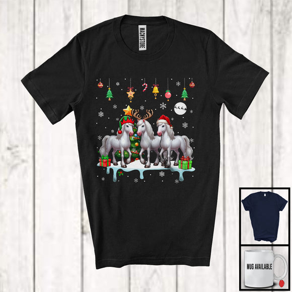 MacnyStore - Three Reindeer Santa Elf Horse; Cheerful Christmas Lights Horse; X-mas Animal Lover T-Shirt