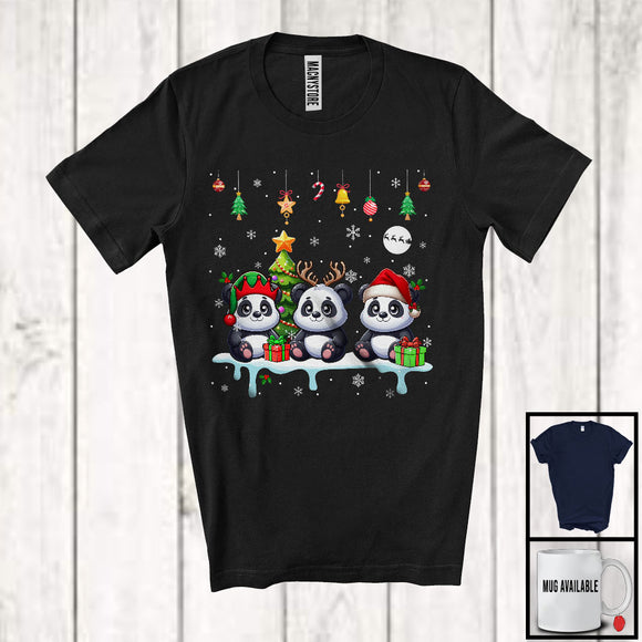 MacnyStore - Three Reindeer Santa Elf Panda; Cheerful Christmas Lights Panda; X-mas Animal Lover T-Shirt