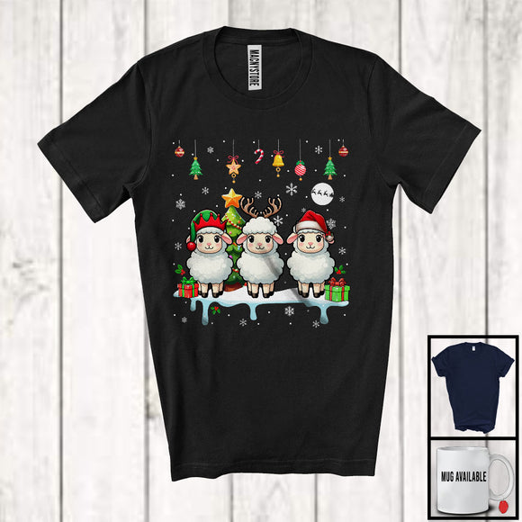 MacnyStore - Three Reindeer Santa Elf Sheep; Cheerful Christmas Lights Sheep; X-mas Animal Lover T-Shirt