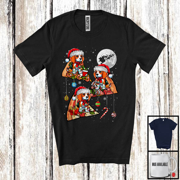 MacnyStore - Three Santa Beagle Riding Pizza; Humorous Christmas Pizza Food Galaxy; Family Group T-Shirt