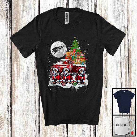 MacnyStore - Three Santa Bulldog; Fantastic Christmas Moon X-mas Tree On Pickup Truck; Santa Driver T-Shirt