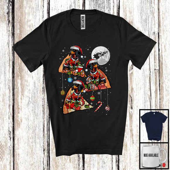 MacnyStore - Three Santa Dachshund Riding Pizza; Humorous Christmas Pizza Food Galaxy; Family Group T-Shirt