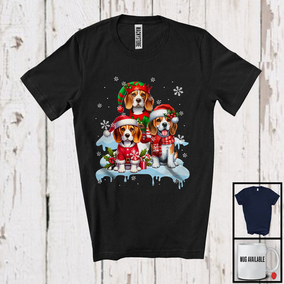 MacnyStore - Three Santa Elf Beagles On Snow; Adorable Christmas Snowing Dog; Family X-mas Group T-Shirt