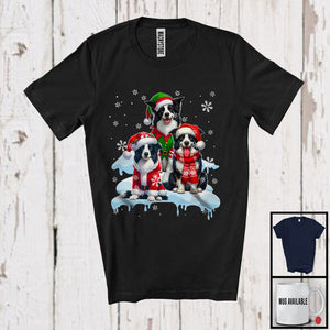 MacnyStore - Three Santa Elf Border Collies On Snow; Adorable Christmas Snowing Dog; Family X-mas Group T-Shirt