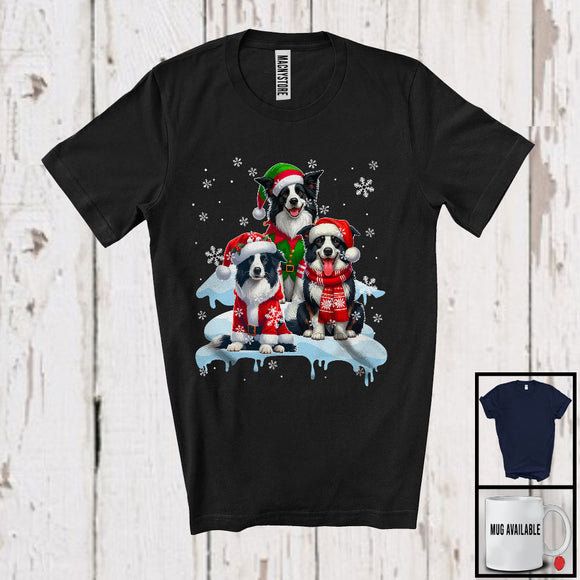 MacnyStore - Three Santa Elf Border Collies On Snow; Adorable Christmas Snowing Dog; Family X-mas Group T-Shirt