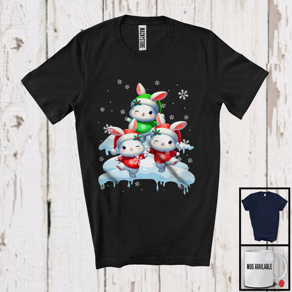 MacnyStore - Three Santa Elf Bunnies On Snow; Adorable Christmas Snowing Bunny Lover; Family Group T-Shirt