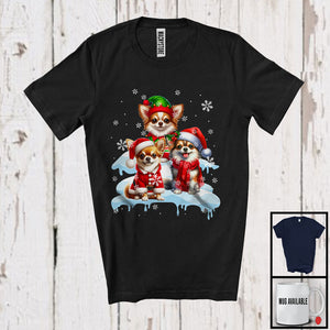 MacnyStore - Three Santa Elf Chihuahuas On Snow; Adorable Christmas Snowing Dog; Family X-mas Group T-Shirt